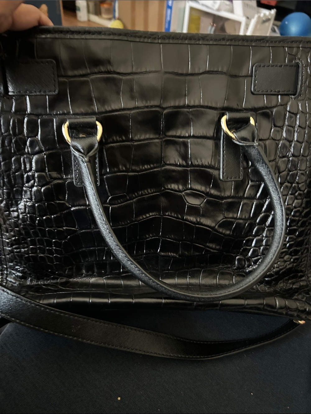 Michael Kors Black Mixed-Texture Tote with Gold Logo Lock - Picture 4 of 6